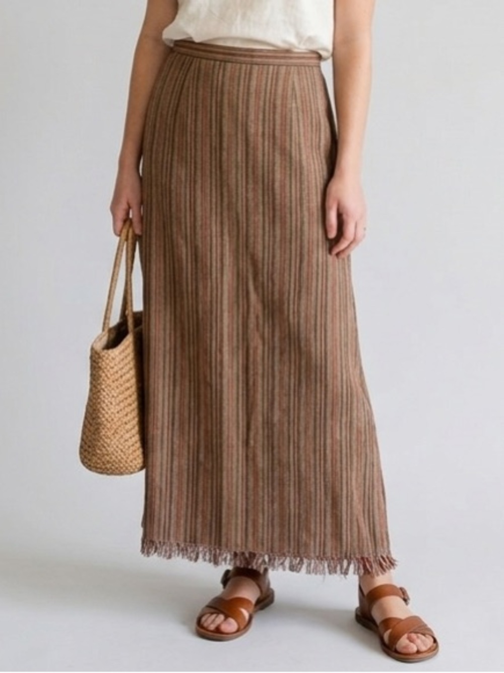 Appleseed's Brown Striped Linen Blend Maxi Wrap Skirt with Pockets & Fringe Hem